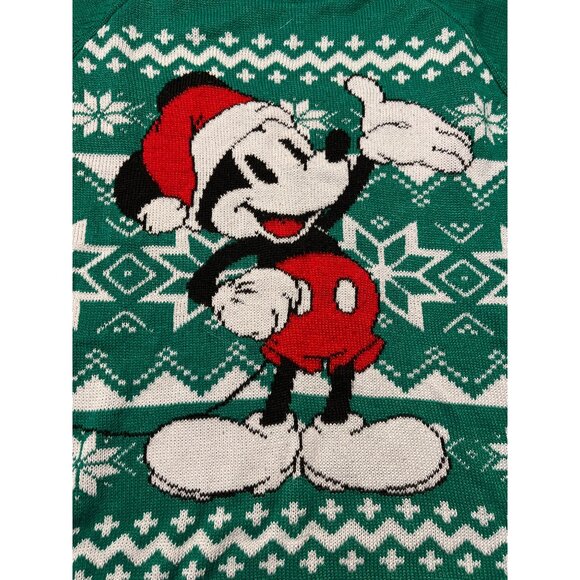 Disney Mickey Mouse Christmas Sweater Green White Fair Isle Print XS - Picture 2 of 6